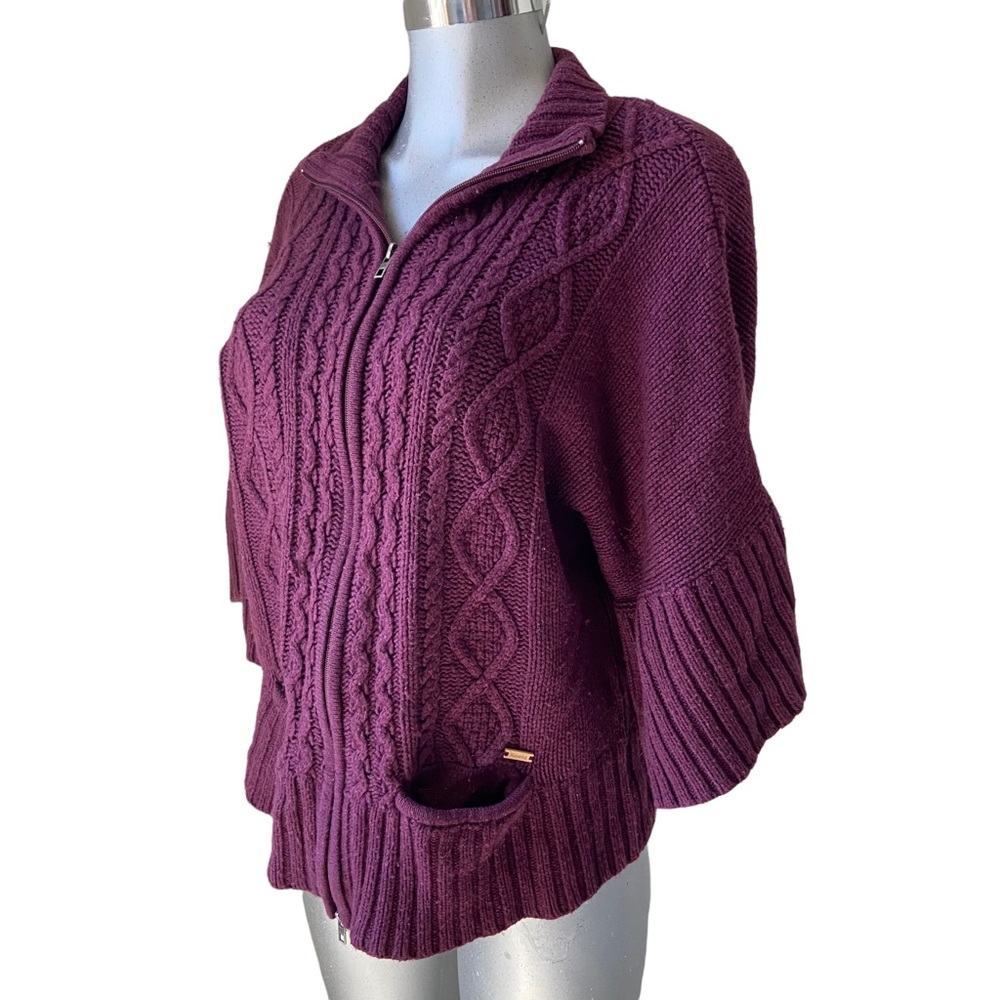 Roots Cable Knit Cape Cardigan Sweater Large Lambswool Zip Up 2/3 Sleeve Pockets